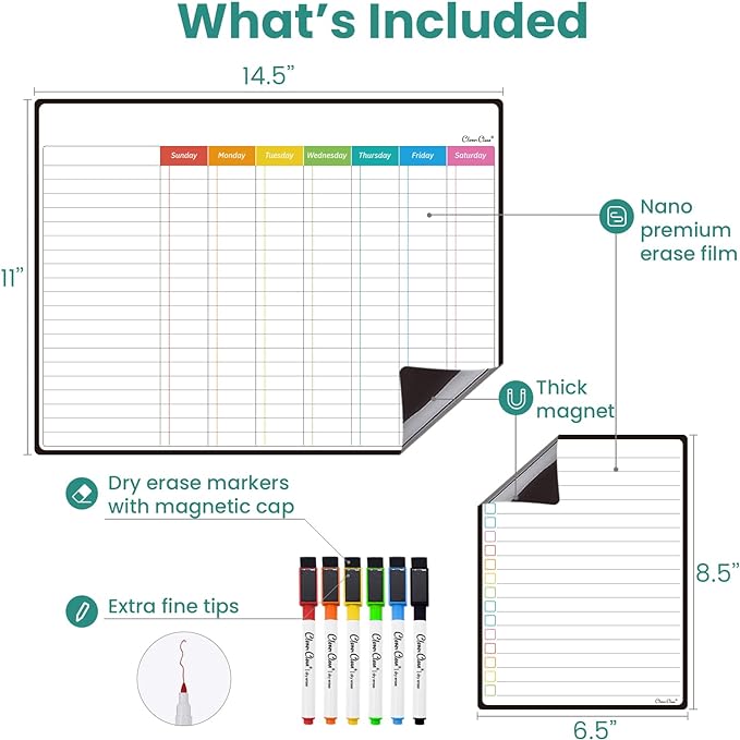 Magnetic Dry Erase Chore Chart - 14.5"x11" Chore Chart for Kids, Teens and Adults - 6.5"x8.5" List Board for Fridge - 6 Extra Fine Point Markers Included - Shipped Flat
