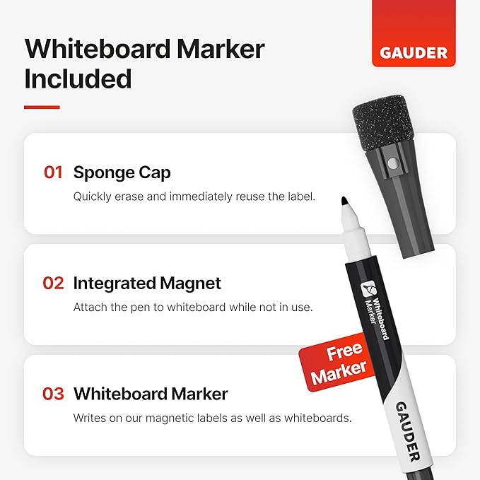 GAUDER Magnetic Labels Writable - Reusable Magnet Tags for Whiteboard, Chalkboard, Kanban Board and Refrigerator - Magnet Cards with Marker (30 Pack - 3 Sizes)