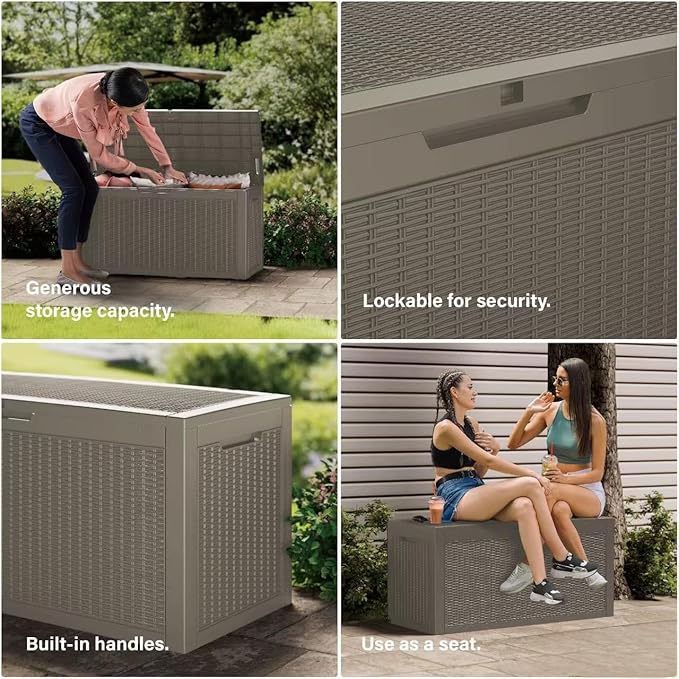 Decksplore 100 Gallon Lockable Resin Deck Box, Waterproof Outdoor Storage Box for Patio Furniture, Garden Tools, Pool Accessories, UV-Resistant Outside Delivery Grey