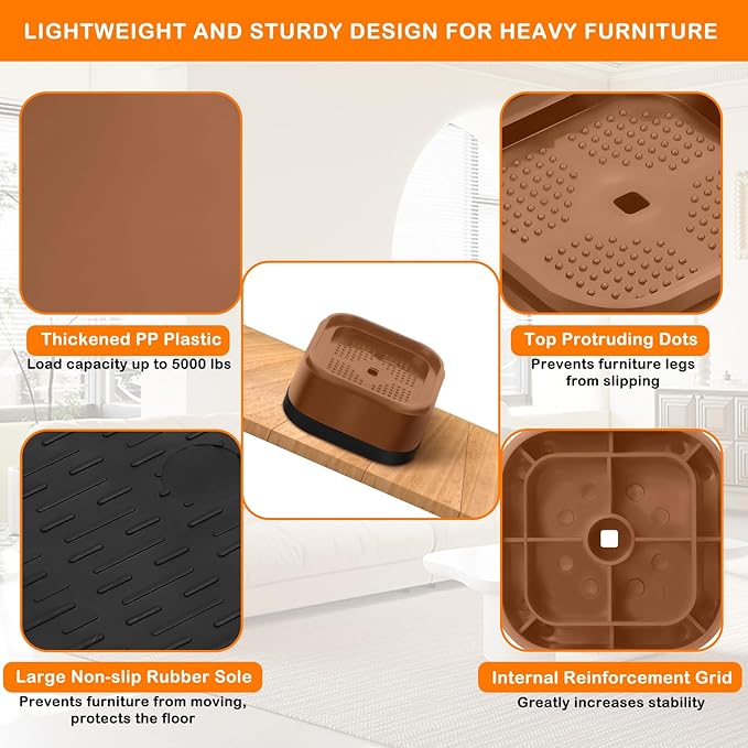 shouwuhho 24 Pack Furniture Risers Adjustable Bed Risers Heavy Duty Lifts Height 1", Square Stackable Bed Risers 1, 2 or 3 Inch for Desk Leg Table Couch Sofa Chair Bed Frame Legs Dorm, Brown