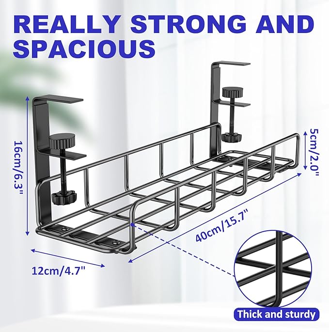 Under Desk Cable Management Tray, 31.5'' No Drill Steel Cable Tray Organizers, Wire Management Tray Cable Rack with Clamp Mount, Metal Under Desk Tray with Wire and Cord Organizer (Black, 2 Pack)
