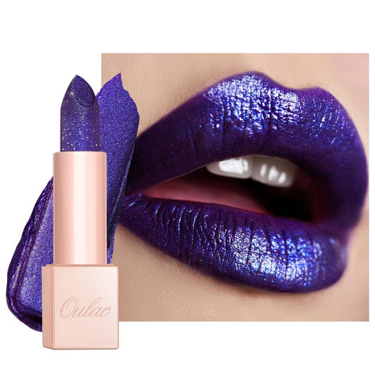 Oulac Blue Purple Glitter Lipstick, Infinity High Shine Finish, Hydrating Lip Color Infused with Damask Rose Oil for All-Day Comfort, Gluten-Free Vegan Beauty, D01 Sapphire