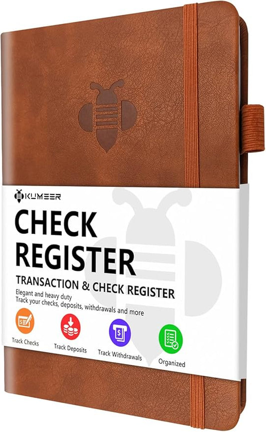 KUMEER Check Register – Elegant Check Registers for Personal Checkbook with Check & Transaction Registers, Hardcover Checkbook Log 5.2x7.6" (Brown)