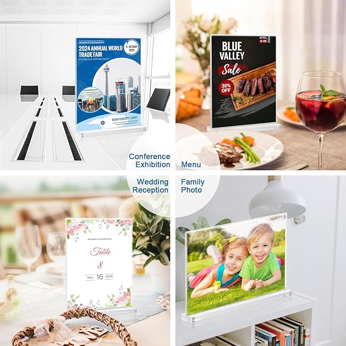 BlueValley 12 Pack Acrylic Sign Holder 8.5 x 11 Inch Horizontal - Clear Display Plastic Table Menu Signs Stand, Double Sided Flyer Holder Standing for Picture Paper Frame Holder Stand Home Office Retail Show Fair
