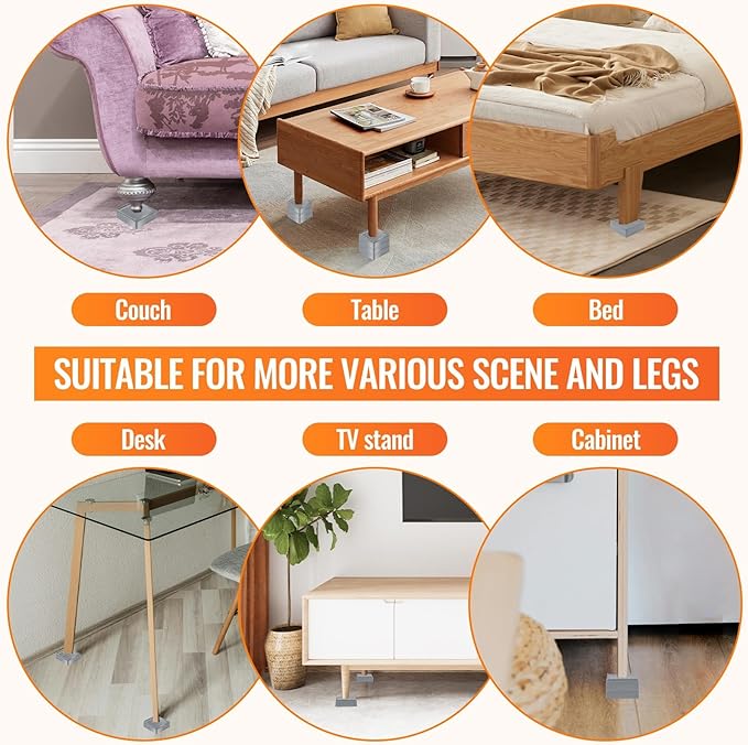 Furniture Risers, 4 Pack Bed Risers with Non-Slip Grip and Heavy Duty Support, 1 Inch 2 Inch 3 Inch 4 Inch Height Lift for Couch, Sofa, Table, Desk, Chair, Refrigerator - Gray, 1+1+1 Inch