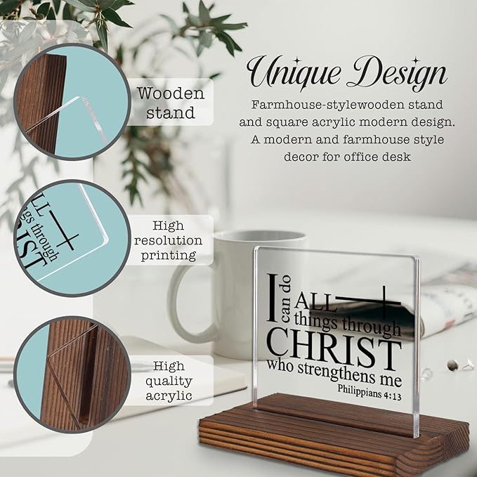 Philippians 4:13 Desk Sign, Christian Bible Verse Decor I Can Do All Things Through Christ Gift for Women Men, Inspirational Faith Plaque for Office, Birthday, Baptism, Retirement, Christmas PA132
