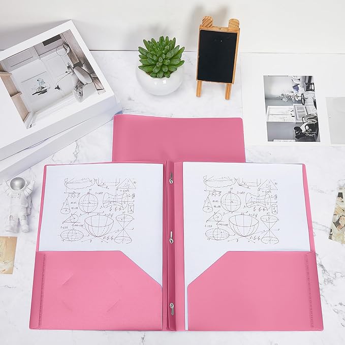 Lincia 100 Pcs Plastic Folders with Pockets and Prong Folders with Prongs 2 Pockets for Office, School for Students, Teachers, Office Workers(Pink)