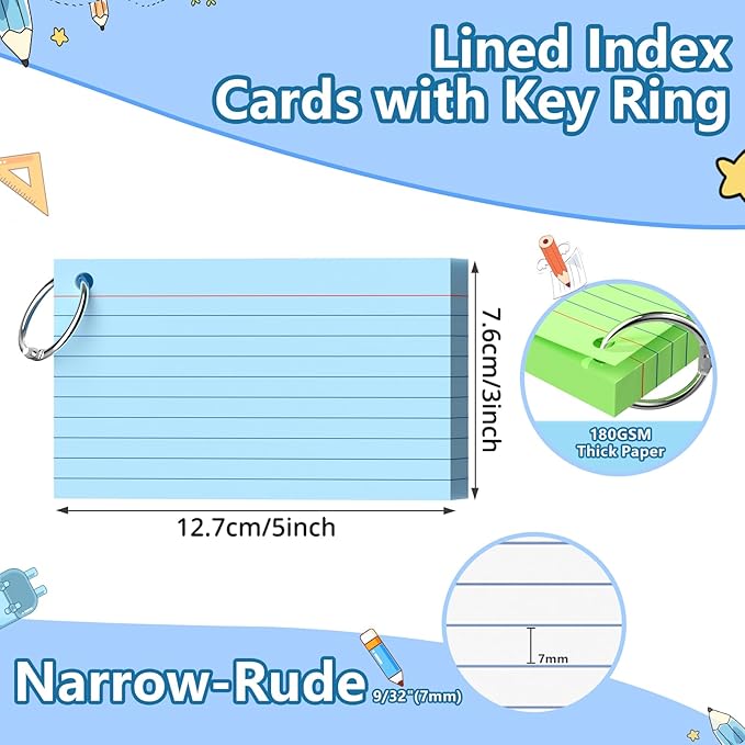 Ciphyfee Index Cards 3x5 Inch With Ring, 250 Count, Ruled Colored Index Card, 180GSM Flash Cards College Ruled for Students, Teachers, Study Note Card for Office, Home, School, Office