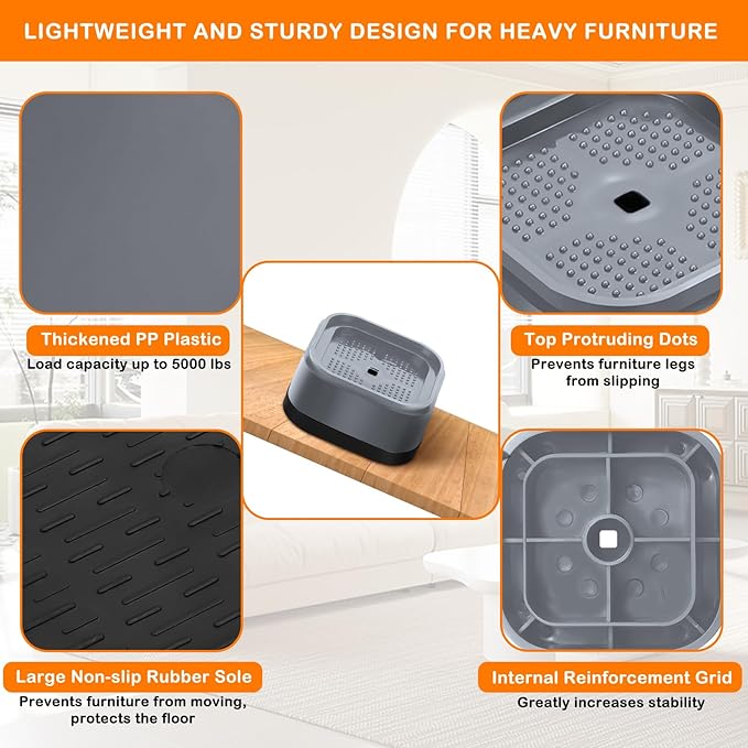 shouwuhho 16 Pack Furniture Risers Adjustable Bed Risers Heavy Duty Lifts Height 1", Square Stackable Bed Risers 1, 2 or 3 Inch for Desk Leg Table Couch Sofa Chair Bed Frame Legs Dorm, Gray
