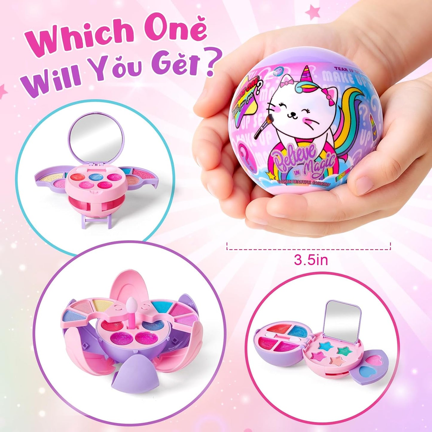 12 Pack Kids Makeup Blind Ball Party Favors - Surprise Cosmetic Blind Balls with Lip Gloss, Eyeshadow & Sponge Blusher (3 Styles, 2 with Mirrors), Party Favors Supplies Gifts for Girls