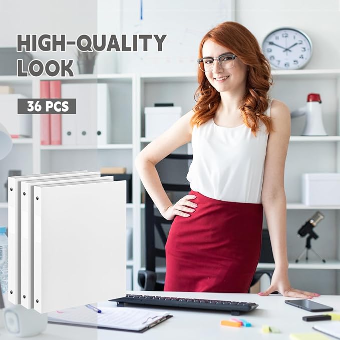 Henoyso 36 Pcs 3 Ring Binder 0.5 Inch Round Fits Letter Size 8.5'' x 11'' Paper Plastic Flexible Binder Bulk Holds 140 Sheets with 1 Pockets Versatile Organizer for Home Office School (White)