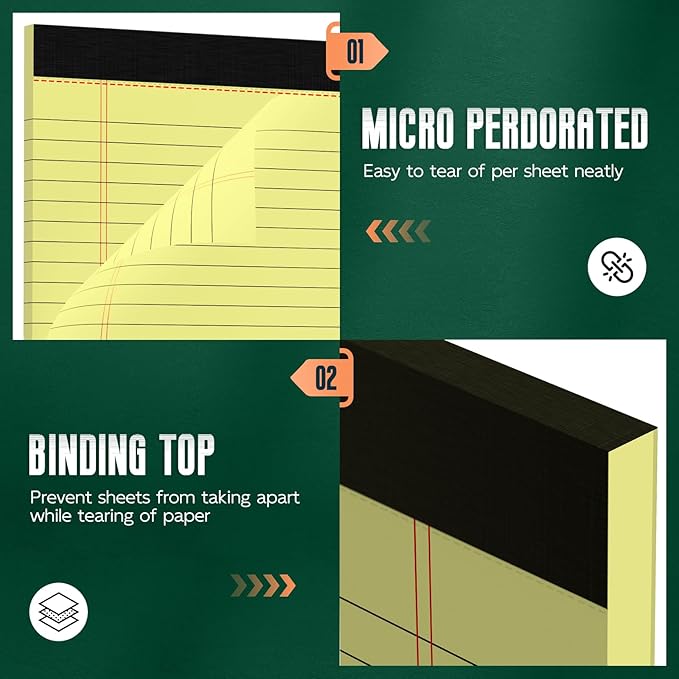 24 Pack Yellow Legal Pads 8.5 x 11 Note Pads, Wide Ruled Notepads, Micro Perforated Lined Note Writing Pads 30 Sheets per Notepad Double-Side Printed Legal Note Pad 8.5x11 for Home, Office, School