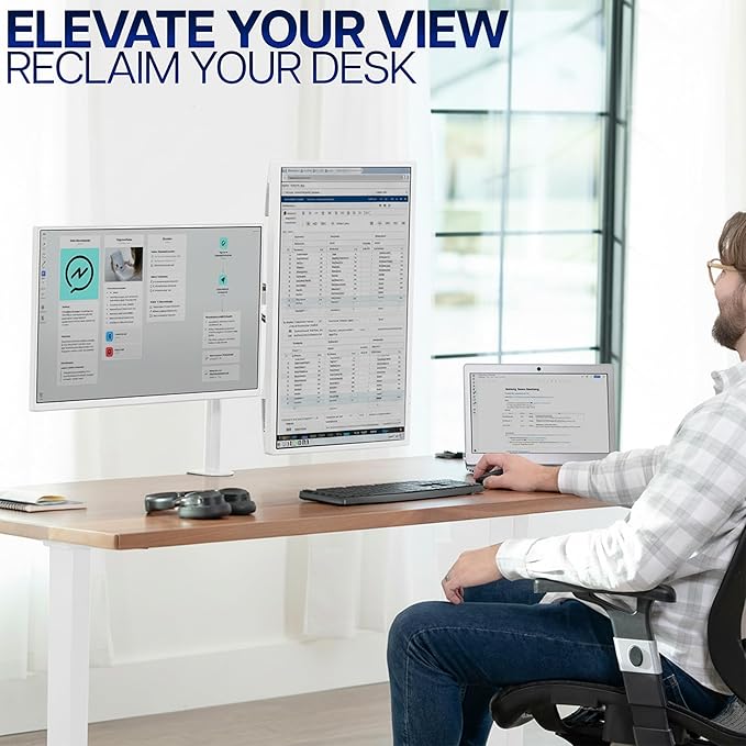 VIVO Dual Monitor Desk Mount, Heavy Duty Fully Adjustable Steel Stand, Holds 2 Computer Screens up to 30 inches and Max 22lbs Each, White, STAND-V002W
