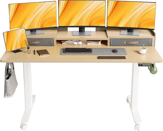 Claiks Standing Desk with Drawers, Adjustable Stand Up Electric Standing Desk Adjustable Height with Storage Shelf and Splice Board, 59 Inch, Natural