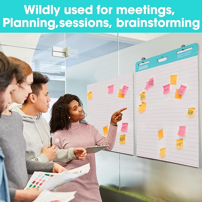 SHARBDA Lined Sticky Easel Pad, 25 * 30 inch,Self-Stick Flip Chart Paper, Super Adhesive & Bleed-Resistant,Micro-Perforated Tear,Classroom Teacher Office Presentation Pads,10 Pads/Pack,300 Sheets