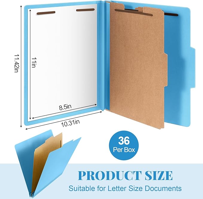 Skyygemm 36 Pcs Classification Folders Letter Size, 1 Divider Pressboard File Folder with Fasteners, Expanding File Organizer Bulk for School Teachers, Office Employee, Coworker, Staff (Blue)