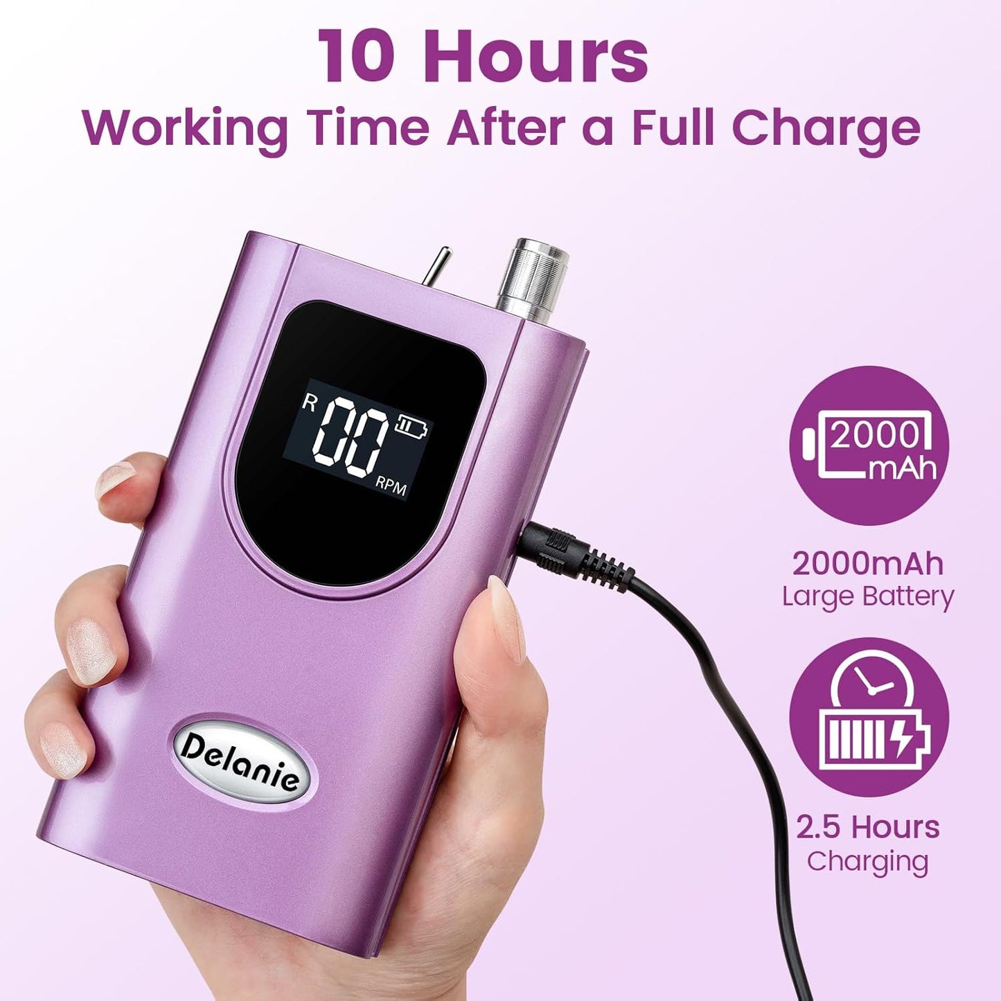 Delanie Professional Portable Electric Nail Drill Machine, 35000 RPM Rechargeable Cordless Nail Filer Electric Nail File Efle for Dip Powder Acrylic Gel Nail, Salon Nail Tool, Violet