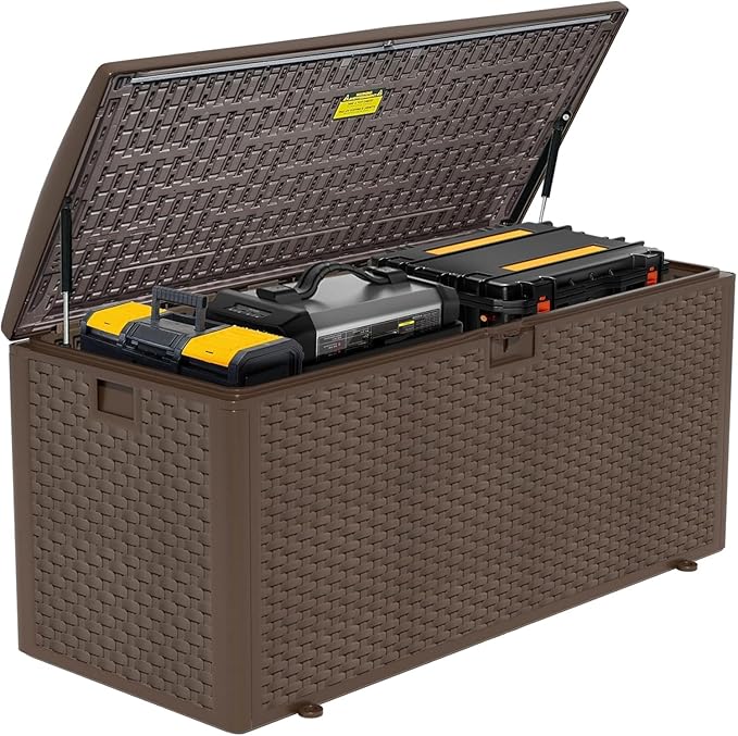 Yardgrace 180 Pro Gallon Deck Box,Outdoor Storage Box Lockable,Waterproof for Patio Furniture, Garden Tools, Pool Accessories, Package Delivery Boxes For Outside, Brown