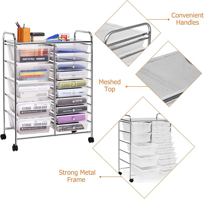 HAPPYGRILL 15-Drawer Rolling Cart, Storage Carts with Removable Drawers & Steel Frame, Utility Cart on Lockable Wheels for Home, School, Office,Clear