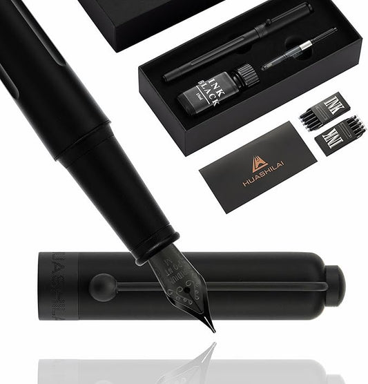 HUASHILAI Luxury Matte Black Forest Fountain Pen Set,Titanium Black Extra Fine and Medium Nibs,Includes 2 Ink Converters,10 Ink Cartridges,15ml ink，Premium Gift Case for Calligraphy (Medium Nib)