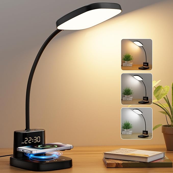 Sailstar Desk Lamp, Bedside Table Lamps with Wireless Charger and Clock, 30Mins Auto-Off Night Light Lamp, 3 Color Modes Dimmable Touch 800LM CRI 95, LED Desk Lamps for Home Office, Adapter Included