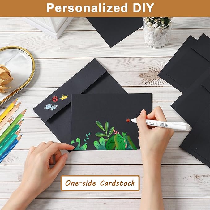 Silunkia Black Blank Greeting Cards and Envelopes 4 x 6 Heavyweight Flat Cardstock and A4 Envelopes Printable Self Seal 20 Packs for DIY Wedding Invitations, Birthday, Thank You Cards