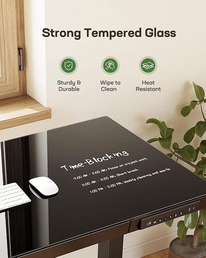 Marsail Glass Standing Desk with Drawer,55 x 28 inch Electric Standing Desk, Sit Stand Desk with One-Piece Tabletop & USB Charging Ports, Height Adjustable Desk with Storage for Home & Office Black