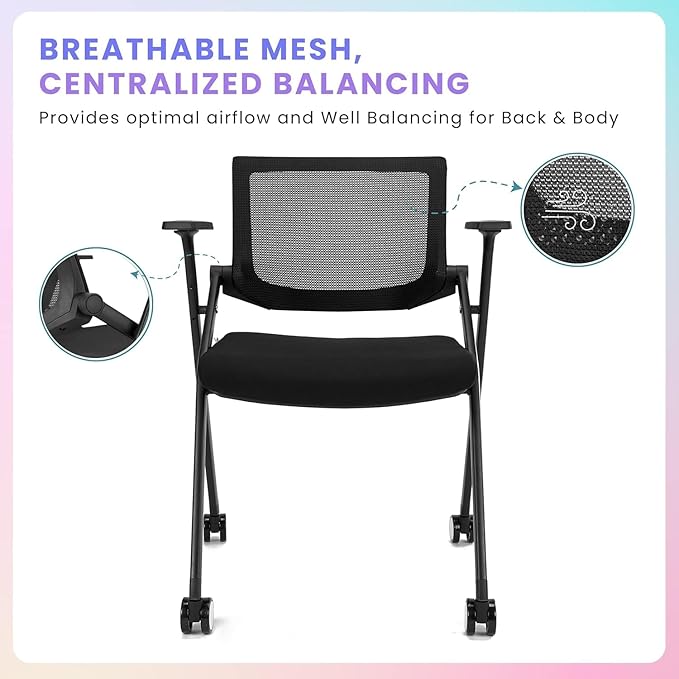 20 Pack Conference Room Chairs with Wheels and Paddle, Ergonomic Mesh Back and Arms for Home Office Desk Folding Chairs Black (10 Boxes)