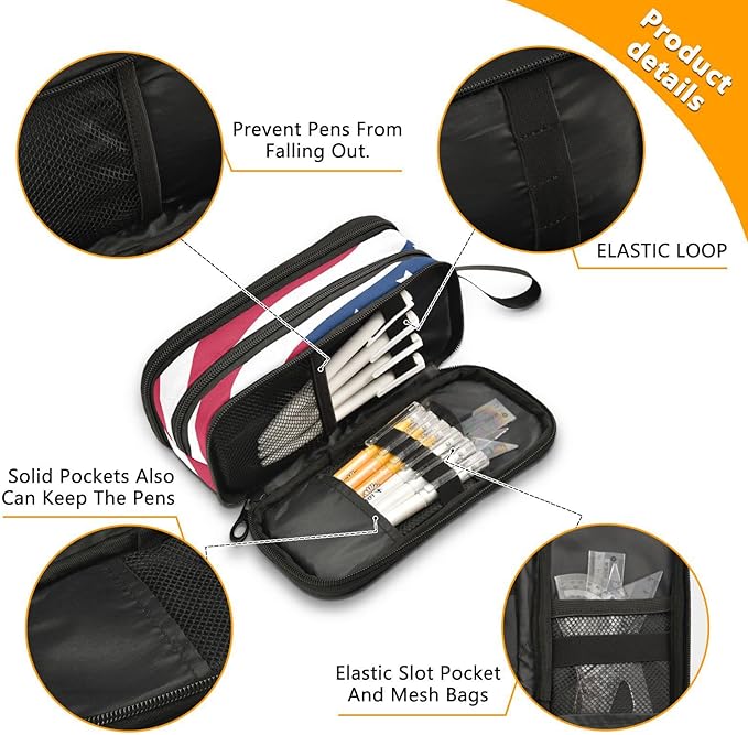 BOENLE USA American Flag Pencil Case Box Boys Girls Large Pencil Pouch Zipper Compartments Big Capacity Stationery Pen Bag Organizer for Kids Teens Adults School