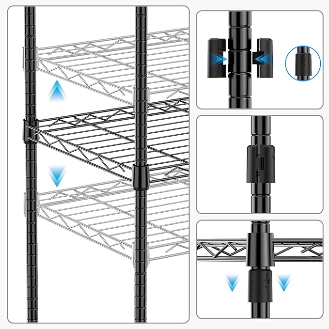 M MZG 1250 lbs 5 Tier Shelf Metal Storage Shelves Wire Rack Closet Organizers with Wheel for Garage Kitchen Bathroom Laundry Black 13.7" D x 23.6" W x 62.4" H
