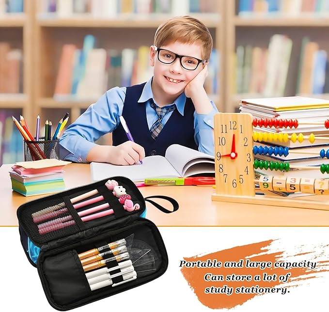 BOENLE Custom Joystick Gamepad Blue Flame Pencil Case Box Boys Girls Personalized Name Large Pencil Pouch Stationery Pen Bag Organizer for Kids Adults School Office