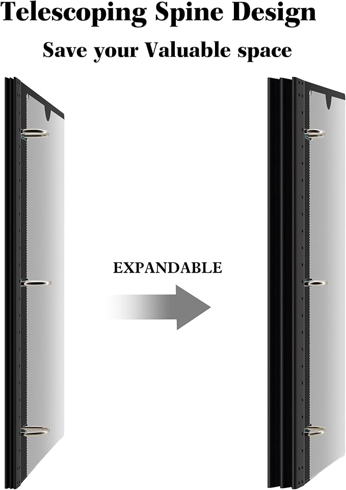 INFUN Telescoping 3 Ring Binder -4PCS-Black, Flexible Round Binder with Customizable Front Cover and Clear Catalog Pocket, 0.75 Inch Rings, Holds 160 Sheets 8.5x11 inch Paper