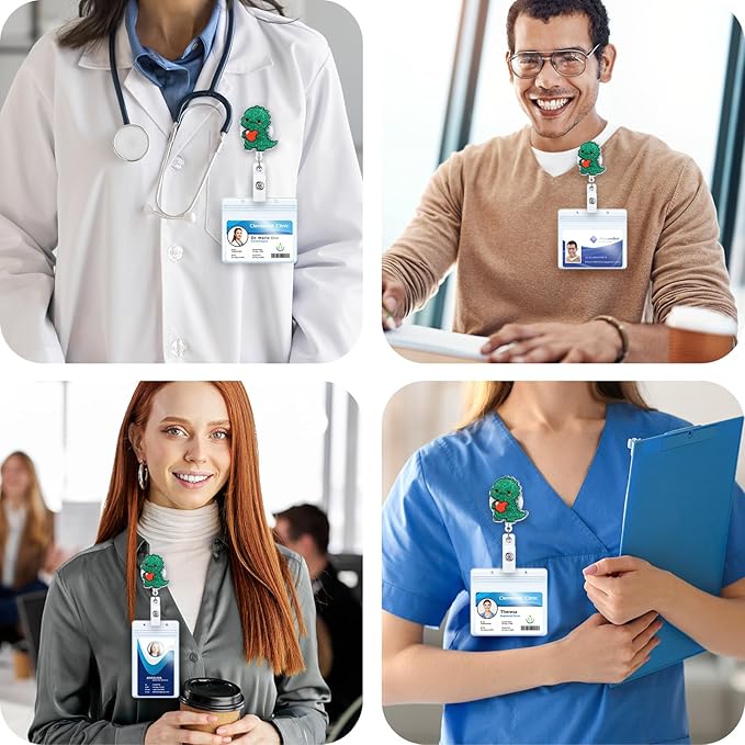 Cute Dinosaur Pediatric Nurse Badge Reel, Retractable ID Card T-Rex Badge Holders, Name Tag Work Badge Clip for ICU RN MA OB GYN Social Worker Nursing Student Psychologists ED DR Radiologist Coworkers