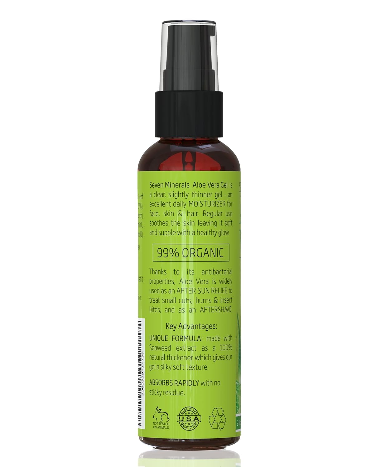 Seven Minerals, Travel Size Organic Aloe Vera Gel from freshly cut 100% Pure Aloe - 2 Fl Oz - HighestQuality, Texas grown, Vegan, Unscented - For Face, Skin, Hair, Sunburn relief (2 Fl Oz)