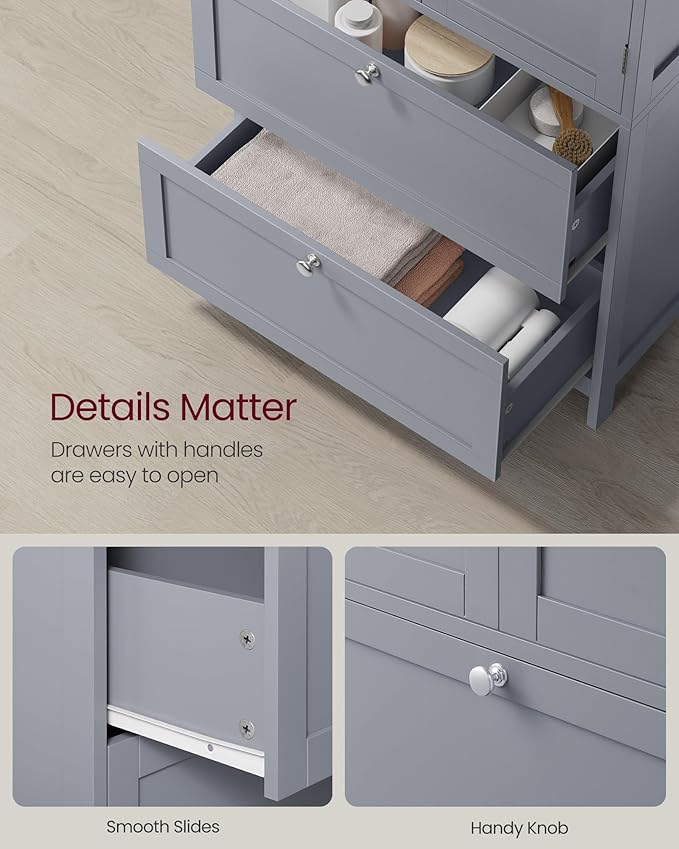 VASAGLE Floor Storage Cabinet, Freestanding Storage Unit with 2 Drawers and 2 Doors, Adjustable Shelf, 11.8 x 23.6 x 43.3 Inches, for Entryway, Bathroom, Dove Gray UBBC551G02