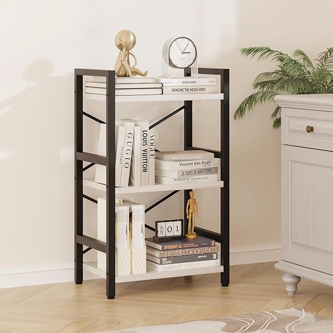 Homeiju Bookshelf, 3 Tier Industrial Bookcase, Metal Small Bookcase, Rustic Etagere Book Shelf Storage Organizer for Living Room, Bedroom, and Home Office(White) Patent Pending D29873033
