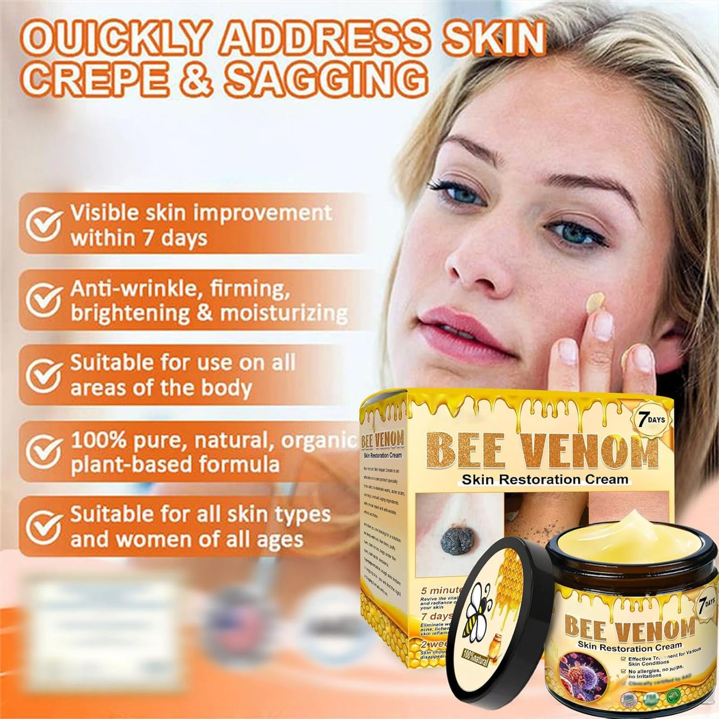 Bee Venom Skin Restoration Cream,Natural Bee Venom Comprehensive Cream,Effectively Firms skin and Reduces Imperfections Anti-Wrinkle Moisturizing for All skin Typess (2PCS)