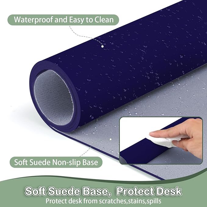 Boutilon Leather Desk Pad Protector,Non-Slip Mouse Pad,Laptop Desk Pad,Office Mouse Mat,Waterproof Leather Desk Blotter,Desk Writing Pad for Office and Home (M-Navy,30"x14")