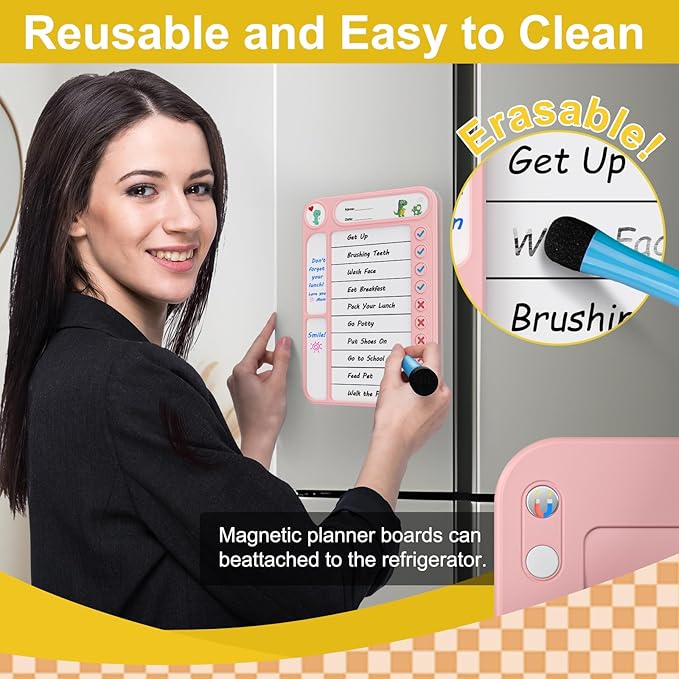 2-Pack Magnetic Chore Chart for Kids, ADHD Task Tracker Easy-Check Routine Dry Erase Board, to-Do List Planning Tool with Stand for Fridge/Desk/Home/School, 6 Reusable Sheets, 4 Markers