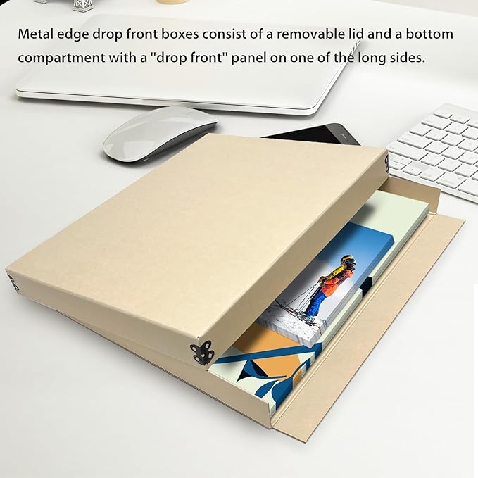 Lineco Museum Storage Box Tan, 8"x10"x1.5", Archival Boxboard, Drop-Front Design with Metal Edge. Organize, Store and Preserve Photographs, Prints, Documents, Art, Ephemera, Family Records, 2 Pack