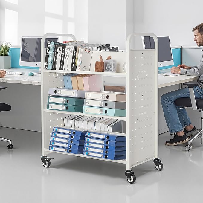 VEVOR Rolling Library Book Cart, 330 lbs Capacity, 38.2 x 20.3 x 48.2-Inch Library Cart, Double Sided W-Shaped Shelves with 3-Inch Lockable Wheels, Book Truck for Home Shelves Office and School, White