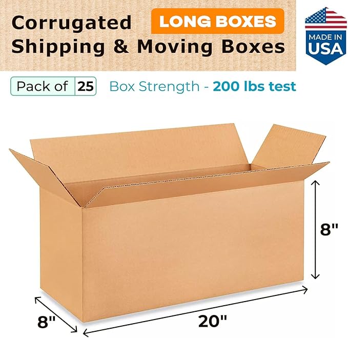 Long Shipping & Moving Boxes 20"L x 8"W x 8"H (25-Pack) - Extra Strength 200 lb vs Regular - Corrugated Cardboard Boxes for USPS/UPS/FEDEX - Box for Shipping - Packaging Box by IDL Packaging