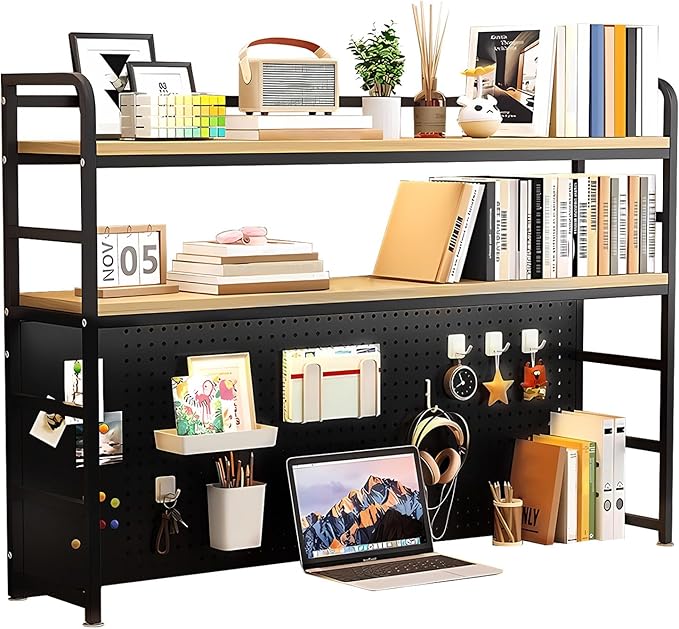 ZWCQSYS 2-Tier Desktop Bookshelf Hutch - Metal Desk Shelf Bookcase with Desk Pegboard Countertop Storage Organizer Rack for Dorm or Office (B, 90cm/35.4in)