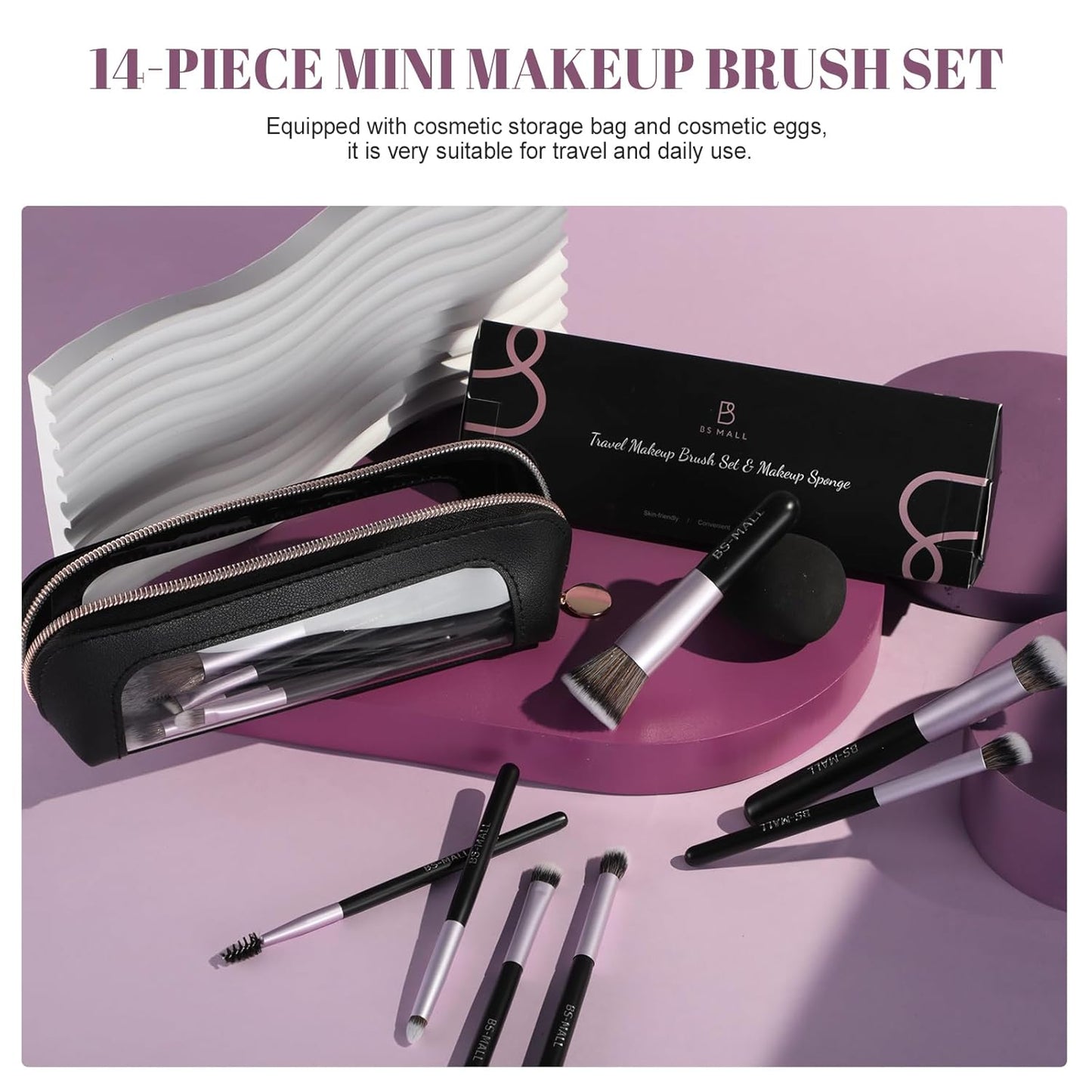 BS-MALL 14 Pcs Makeup Brushes Set with 1 Pcs Makeup Sponge – Essential Foundation Powder Concealers, Eye Shadows, Blush Makeup Brushes with Travel Makeup Case (Purple)