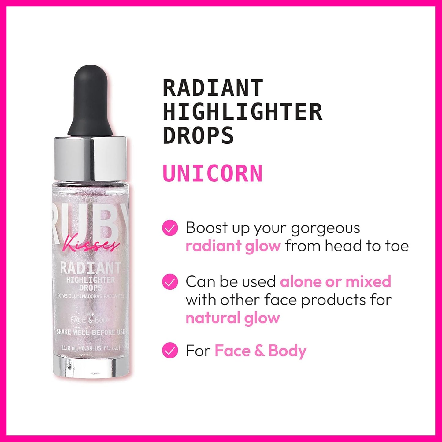 Ruby Kisses Radiant Drops, Shimmer Liquid Highlighter Makeup, Smooth Illuminator for Face Body, Natural Glow Dewiness Glitter for Skin (UNICORN)