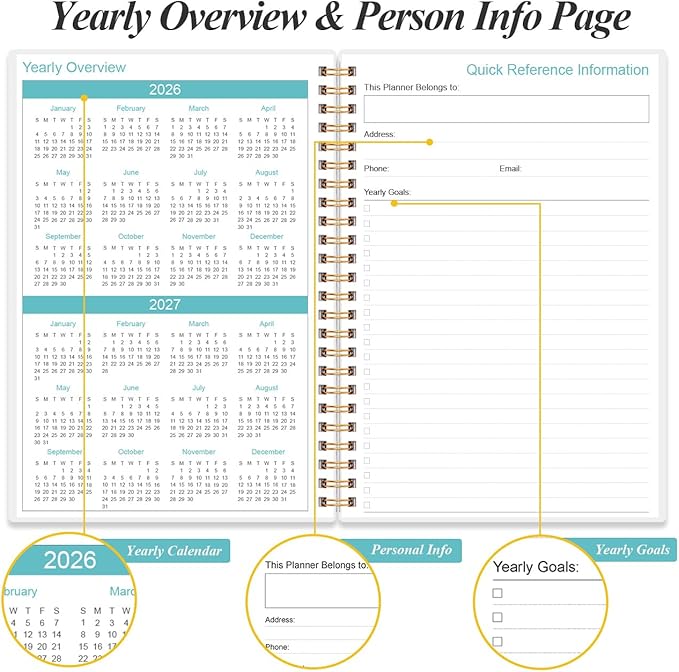 2026-2027 Planner - 18 Months Weekly & Monthly Planner from January 2026 - June 2027, Spiral Planners 2026-2027 with Elastic Closure, Inner Pocket, Medium 5.8" x 8.3", Teal Flower