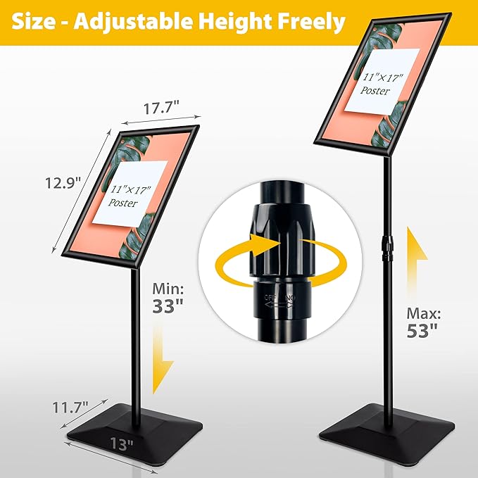 VAIIGO 11"x17" Pedestal Poster Sign Holder Stand with Heavy Duty Solid Steel Base, Adjustable Floor Standing Sign Holder for Vertical and Horizontal View Sign Super Stable Displayed Stands, Black