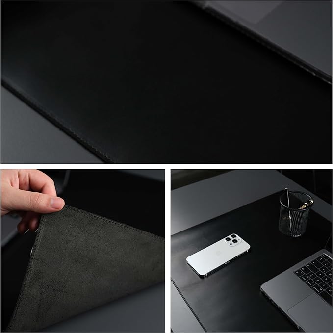 TORONATA Jersey Genuine Calfskin Leather Desk Pad, Office Desk Mat with Non-Slip Bottom, Smooth Surface for Mouse & Keyboard, Desk Protector (14.6x31.5 inches) (Black)