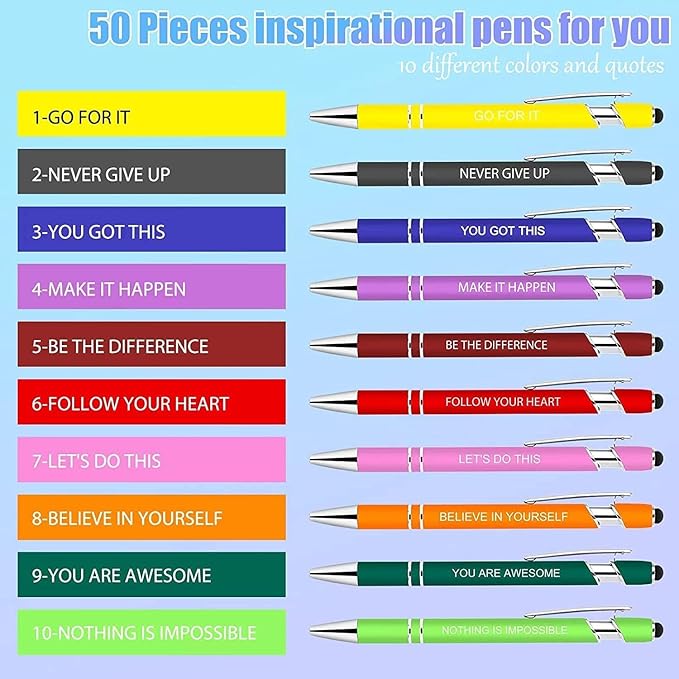 Greengines 50 Pcs Inspirational Pens - Motivational Ballpoint Pens Bulk with quotes Stylus Tip Gifts for School Coworkers Office Supplies Black Ink