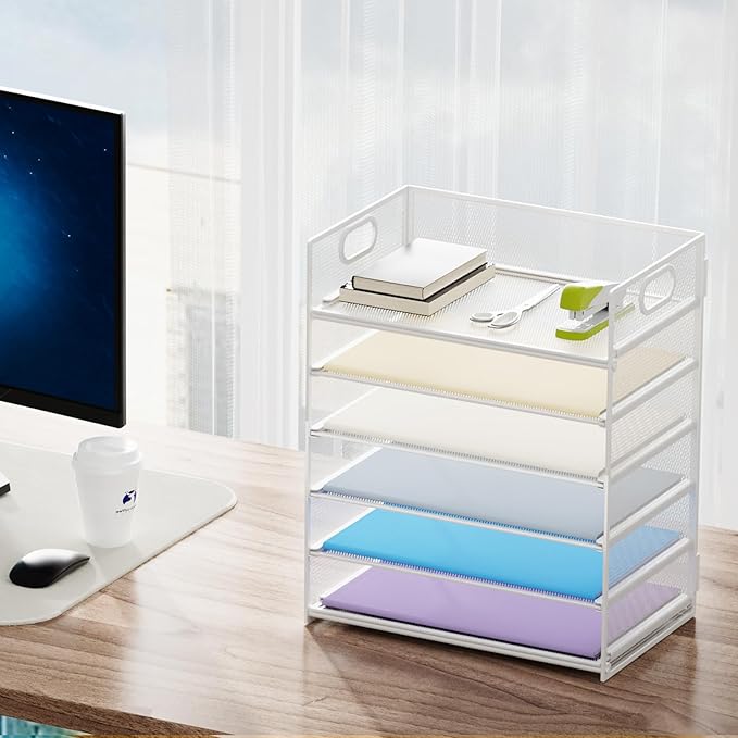 Marbrasse 2 Pack Desk Organizer with Handle, 6 Tier Paper Letter Tray, Mesh Desk File Organizer for Office, School and Home - Whtie